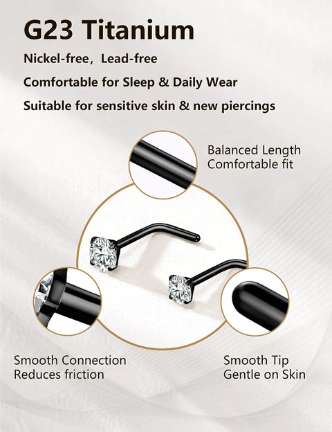 9 Piece Titanium Black Nose Studs Set with L Shaped Straight and Corkscrew Designs for Sensitive Skin Includes 20G Surgical Grade G23 Titanium Nostril Rings with CZ