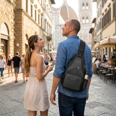 Man walking with Men's Sling Bag Crossbody Backpack, Compact Yet Roomy Small Sling Pack For Everyday Carry in city setting