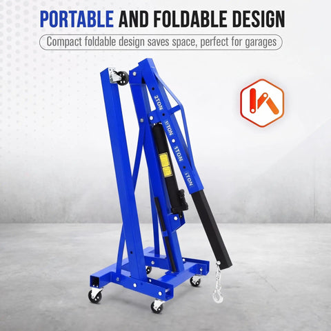Side view of blue 2 Ton Engine Hoist Foldable Cherry Picker For Auto Shop Heavy Duty Hydraulic Engine Lift Crane For Garage Work Portable 4400 Lb Capacity Automotive Crane with wheels and boom.