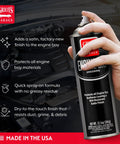 Hand holding Engine Bay Dressing Detailing Spray That Revives Factory Look, Surface Enhancer Protector, 12.5 oz, near engine bay.