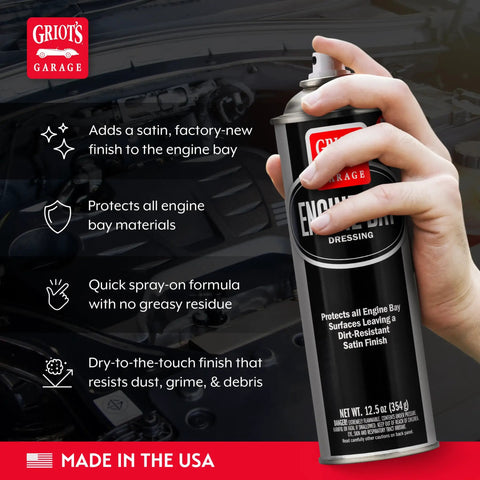 Hand holding Engine Bay Dressing Detailing Spray That Revives Factory Look, Surface Enhancer Protector, 12.5 oz, near engine bay.