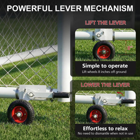 Powerful lever mechanism for Smooth Rolling No Sweat Soccer Goal Dolly With High Lift Puncture Proof Tires For Easy Field Moves.