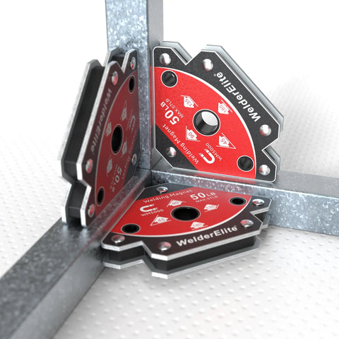 Heavy Duty Welding Magnet Set 4 Pack With 2 25Lb And 2 50Lb Magnets Arrow Holders Locking At 45 90 And 135 Degrees on steel frame