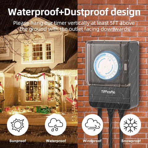 Built Different Heavy Duty Mechanical Timer Outlet featuring easy pin sliders, waterproof design, used for outdoor holiday lights.