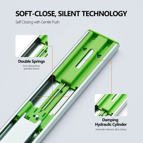 Close-up of Two Pairs 18 Inch Soft Close Drawer Slides Beefy Heavy Duty Full Extension Ball Bearing Self Closing Side Mount