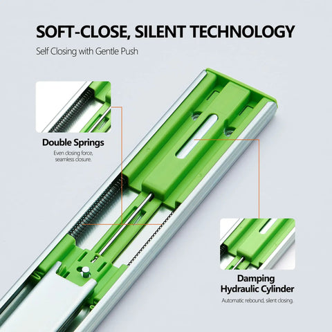 Close-up of 24 Inch Soft Close Full Extension Ball Bearing Drawer Slides showing double springs and hydraulic cylinder features.