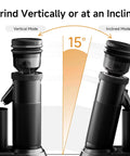 Badass Hella Precise Electric Burr Coffee Grinder With Robust Aluminum Body And Slick Single Dose Design Featuring 36 Crisp Grind Settings For Serious Home Baristas showing vertical and inclined grinding modes.