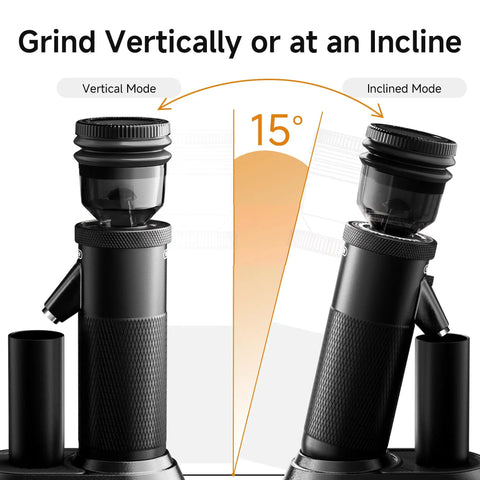 Badass Hella Precise Electric Burr Coffee Grinder With Robust Aluminum Body And Slick Single Dose Design Featuring 36 Crisp Grind Settings For Serious Home Baristas showing vertical and inclined grinding modes.