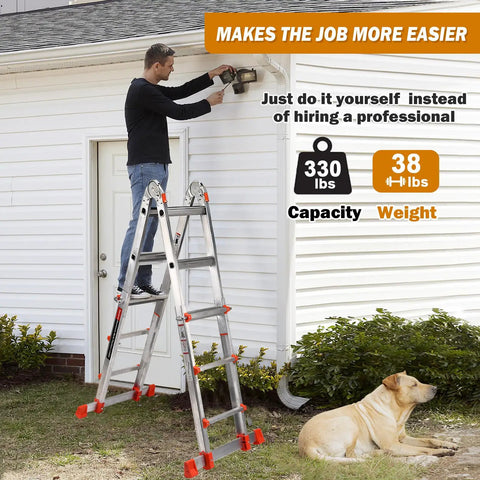 Multi Position A Frame Extension Ladder 14 Ft With Stabilizer Bar For Extra Stability And Reduced Wobble Safer To Use Easy Adjust Heavy Duty Workhorse For Home Or Job Site Reach, 330 lb capacity