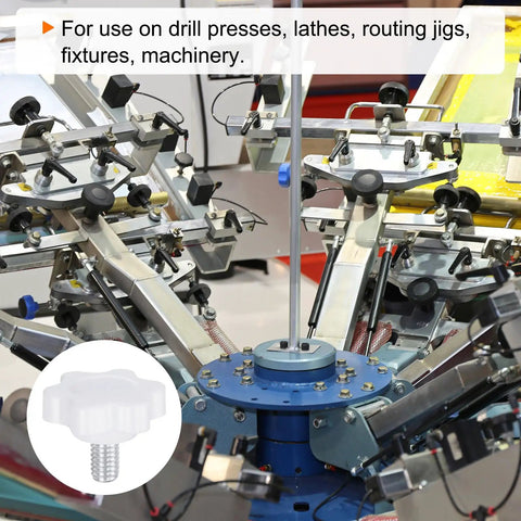 Machinery setup with 10pcs Star Knobs M6 X 12mm Threaded Studs For 25mm White Plastic 6 Point Heads Grippy Hand Tightening Clamps