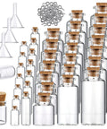 Rad Craft Supply Set Featuring 45 Mini Glass Potion Bottles With Tight Cork Stoppers And Durable Eye Hooks, clear bottles with corks and funnels.