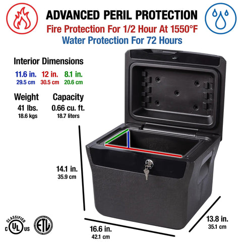 Fireproof And Waterproof Lock Box With Key Lock, Rugged File Safe For Docs And Small Valuables, 0.66 Cubic Feet, open view with dimensions and protection features shown.