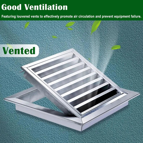 Heavy Duty Removable Access Panel With Detachable Hatch And Louvered Gable Vent For House Wall Or Workshop Stainless Steel 26x35 Inch, vented design.