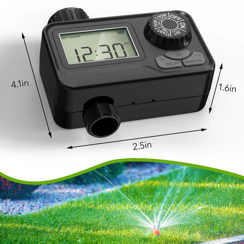 Programmable Sprinkler Timer With Rain Delay For Garden Hose, Waterproof Digital Water Timer dimensions and lawn in use