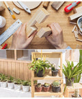 Person assembling wooden shelves for plants, tools on table, showcasing use of Brass Wood Screws Set, 15 Pieces M3.5 X 35mm Slotted Flat Head Self Tapping Screws For Woodworking And Furniture Making, Durable, Corrosion Resistant, Easy To Drive, Ideal For DIY Projects, Cabinets And Home Improvement.