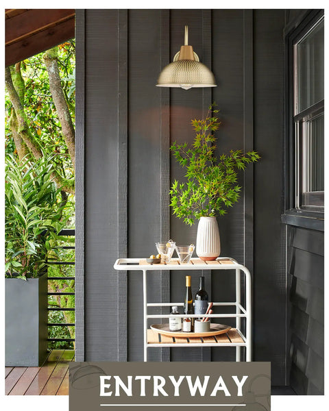 Two Pack Outdoor Wall Lights With Hammered Metal Shade And Gooseneck Arm In Antique Brass Barn Style Sconce installed on porch wall