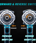 Heavy Hauler Cordless Impact Wrench Dropping 1300 Nm Of Boss Level Torque 1/2 Inch Drive Electric Tool showing forward and reverse switch with torque ratings.