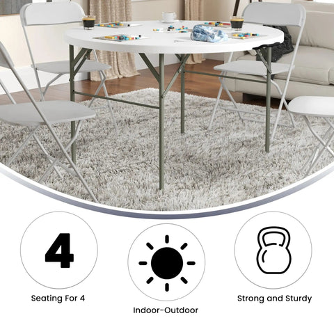 Grab And Go Ready 4 Foot Round Folding Plastic Table With Carrying Handle For Indoor And Outdoor Events in living room