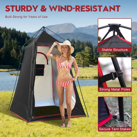 Camping Shower Tent For Privacy On The Go with woman in swimsuit by lake, showing stable structure and metal poles.