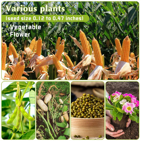 10 Beak Manual Seed Seeder For Peanut Corn And Beans, Precision Handheld Planter With corn, soybeans, beans, and flowers shown