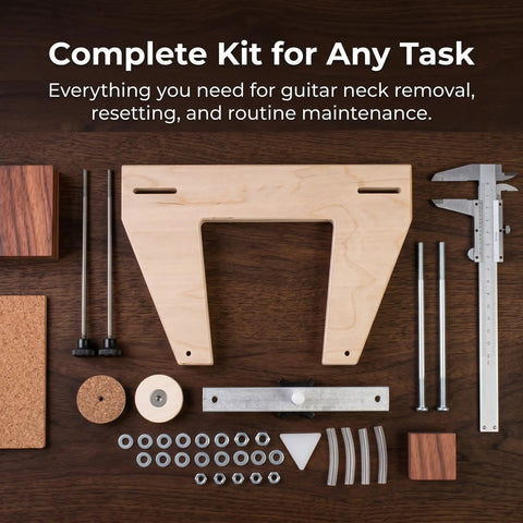 Complete Guitar Neck Removal Tool Kit For Quick Luthier Repairs With Template shown on a wooden surface.