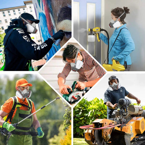 Collage of people wearing Reusable Half Face Cover With Extra Filters for Painting, Polishing, Welding, showing adjustable fit and protection.