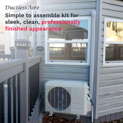 Zero Fuss Mini Split Line Set Cover Paintable Kit Crisp White Four By Fourteen Feet on exterior wall with ductless AC unit.