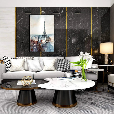 Living room with black marble accent wall, modern furniture, and art. Black Marble Peel And Stick Countertop Paper 36x160 Inches Self Adhesive Vinyl Film For Kitchen Countertop Cabinets Tables Desks Waterproof Removable Easy To Apply Durable Marble Look Renovation Solution decor.