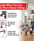 Woman using Foldable Shopping Cart With Wheels And Brake System, carrying laundry, silver alloy steel finish, indoors.