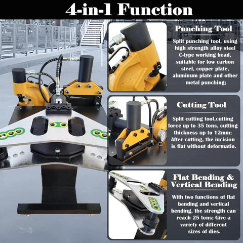 Techtongda 4 In 1 Hydraulic Busbar Bender And Cutter Machine Shearing Punching Electric Processor For Copper Aluminum Heavy Duty Tool Vertical Flat Bending 110V 1HP Power showing various functions with cutting and punching heads.