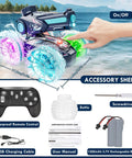 Amphibious RC Car That Rips On Land And Water 4WD Waterproof Monster With Water Gun, remote, accessories, and beach background.
