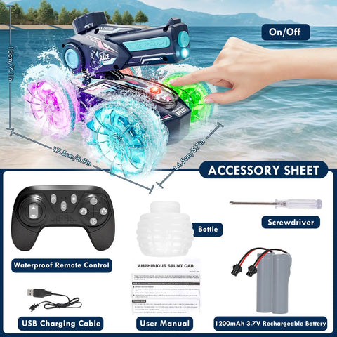 Amphibious RC Car That Rips On Land And Water 4WD Waterproof Monster With Water Gun, remote, accessories, and beach background.