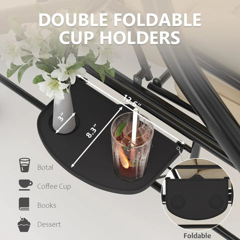 Double foldable cup holders on Three Seat Outdoor Porch Swing With Adjustable Canopy And Stand Heavy Duty Patio Swing
