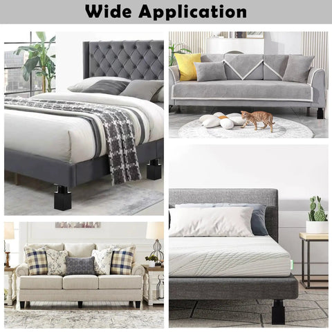 Set Of Four Heavy Duty Aluminum Adjustable Furniture Feet For Cabinets Tables Sofas And Beds Forty By Forty By Sixty Millimeters Height Adjustable With Mounting Hardware Wobble Free And Easy Install shown supporting furniture in various settings.