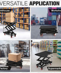Heavy Duty Hydraulic Lift Table Cart With 770 Lbs Load Capacity And 50 Inch Height in warehouse, workshop, factory, and supermarket settings.