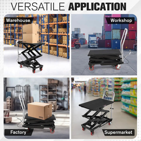 Heavy Duty Hydraulic Lift Table Cart With 770 Lbs Load Capacity And 50 Inch Height in warehouse, workshop, factory, and supermarket settings.