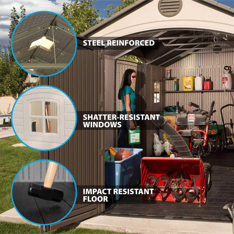 Open 15 By 8 Ft Dual Entry Outdoor Storage Shed With HDPE Dual Wall Construction Steel Reinforced Frame UV Protected Weather Resistant Skylights Windows And Shelving In Desert Sand, with tools and equipment inside.