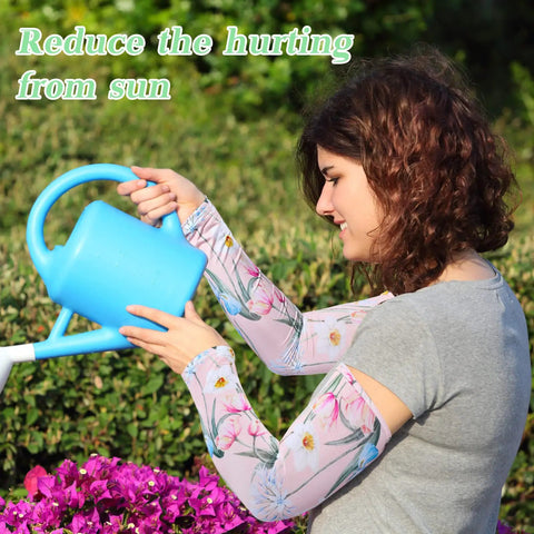 12 Pairs Gardening Arm Sleeves For Women And Men All Day Sun Shield Cooling Flower Pattern worn by woman watering plants