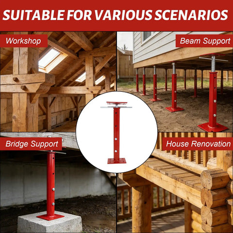 Real Deal Heavy Duty Adjustable House Floor Jacks Rated At 17500 Lbs in workshop and house renovation settings for beam support.