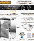Workhorse Commercial Food Dehydrator Featuring 18 Spacious Stainless Trays And 1100 Watt Heat with digital controls and timer.