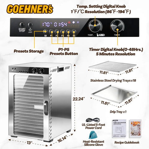 Workhorse Commercial Food Dehydrator Featuring 18 Spacious Stainless Trays And 1100 Watt Heat with digital controls and timer.