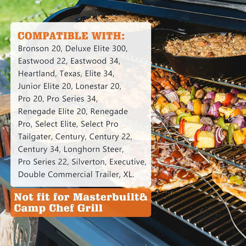 Open BBQ grill showing meats, vegetables, and pizzas with text listing compatible grill models for Replacement Waterproof Meat Probes Set Of 2 3.5mm Plug