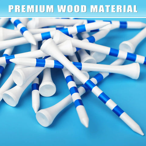 Premium Wood Golf Tees 200 Count With A 3 Line Marking System scattered on blue background
