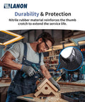 Man using drill while wearing Built Tough Cut Resistant Work Gloves With HPPE And Metal Yarn Blend, Nitrile Honeycomb Coating for EN388 Level D Protection inside workshop.