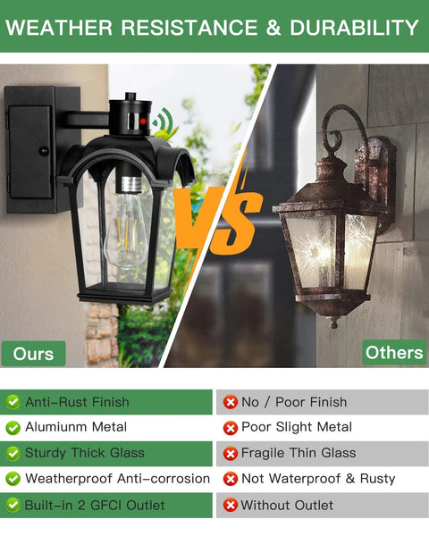 Comparison between Two Pack Porch Lights With GFCI Outlet and a rusted exterior fixture, showcasing weather resistance and durability