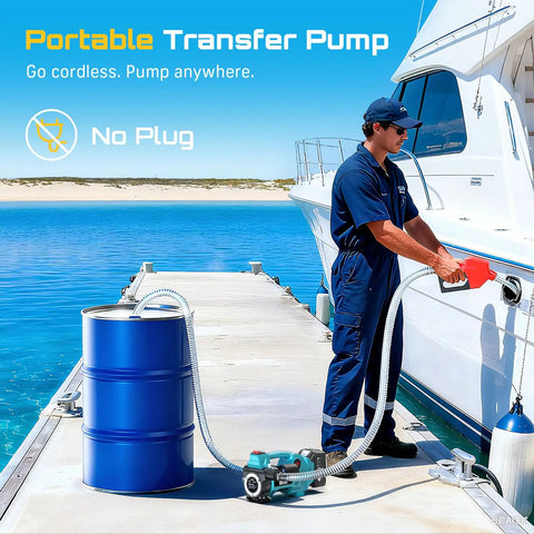 Diesel Transfer Pump Kit Cordless 12 GPM Battery Powered With Auto Stop Nozzle 4Ah Battery Two Hoses And Filter On The Go Fueling For Diesel Kerosene Farm Boat Home on dock fueling a boat from a blue drum