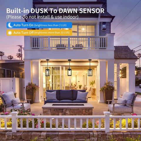 Top Shelf Build And 11 Inch Black Outdoor Pendant Light Comes Loaded With Smart Dusk To Dawn Sensor illuminating patio furniture.