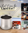 Stainless Steel Coffee Warmer 22oz With Ergonomic Hanging Handle shown as coffee, butter, and milk pot for various uses.