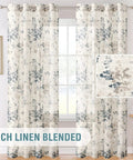 84 Inch Long Semi Sheer Linen Curtains With Vintage Floral Print, Two Panels Grommet Window Treatments For Living Room And Bedroom