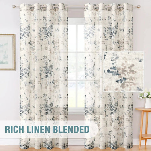 84 Inch Long Semi Sheer Linen Curtains With Vintage Floral Print, Two Panels Grommet Window Treatments For Living Room And Bedroom